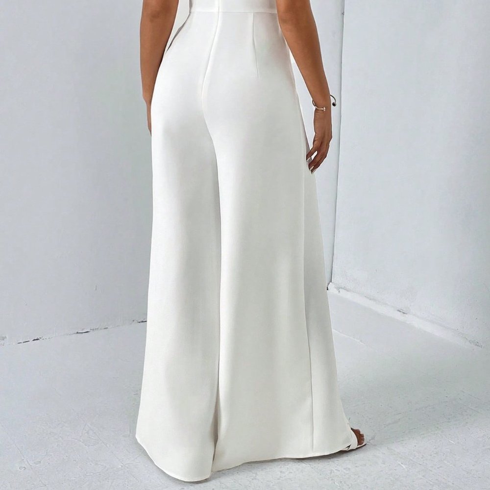 White Preppy Womens Split Thigh Tube Jumpsuit - Picture 2 of 5